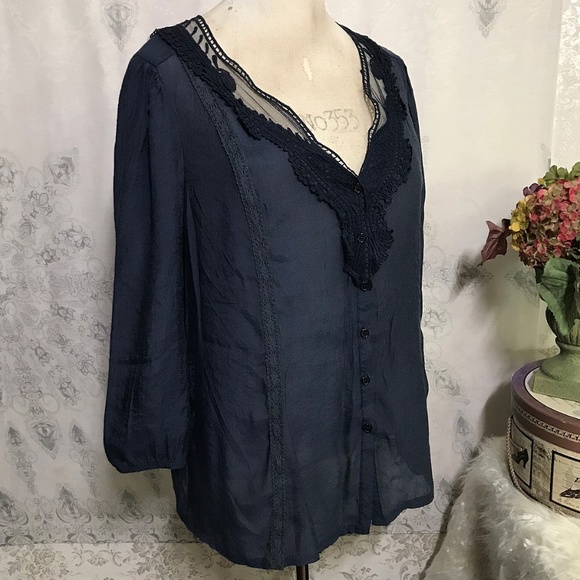 Charlotte Russe Tops - Charlotte Russe XL Navy Sheer Lace Top Shirt    🐝